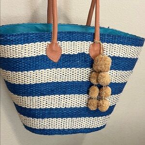 Nautical Blue and White Striped Tote with Leather Handles